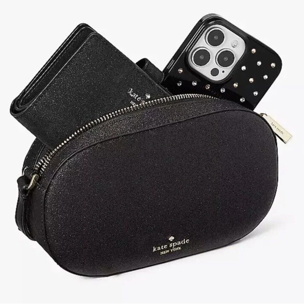 Kate Spade Black Glimmer Glitter Oval Camera Crossbody Bag In Black MSRP…$299